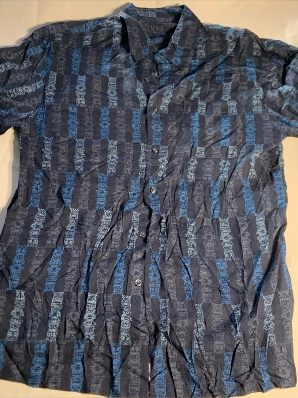Puritan Men's Navy Short-Sleeve Button Shirt with Blue Stripe Totem Pattern